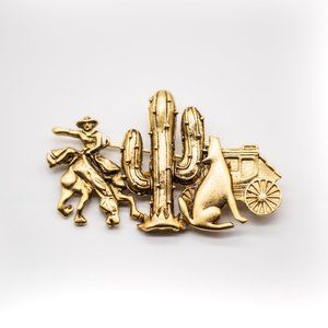 Vintage (1980s) Cowboy Cactus Wolf Gold Brooch Pin